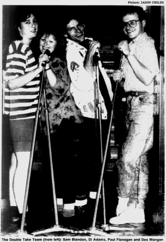 (L-R) Sam Blandon, Di Adams, Paul Flanagan, Des Mangan (The Age, 03/02/1989)