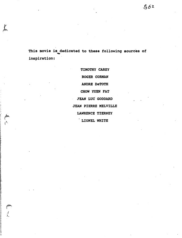 Dedication to Timothy Carey in Reservoir Dogs script
